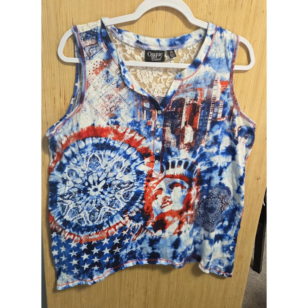 Onque Casual Womens 1X Americana Statue of Liberty Lace Back Rhinestone Tank Top